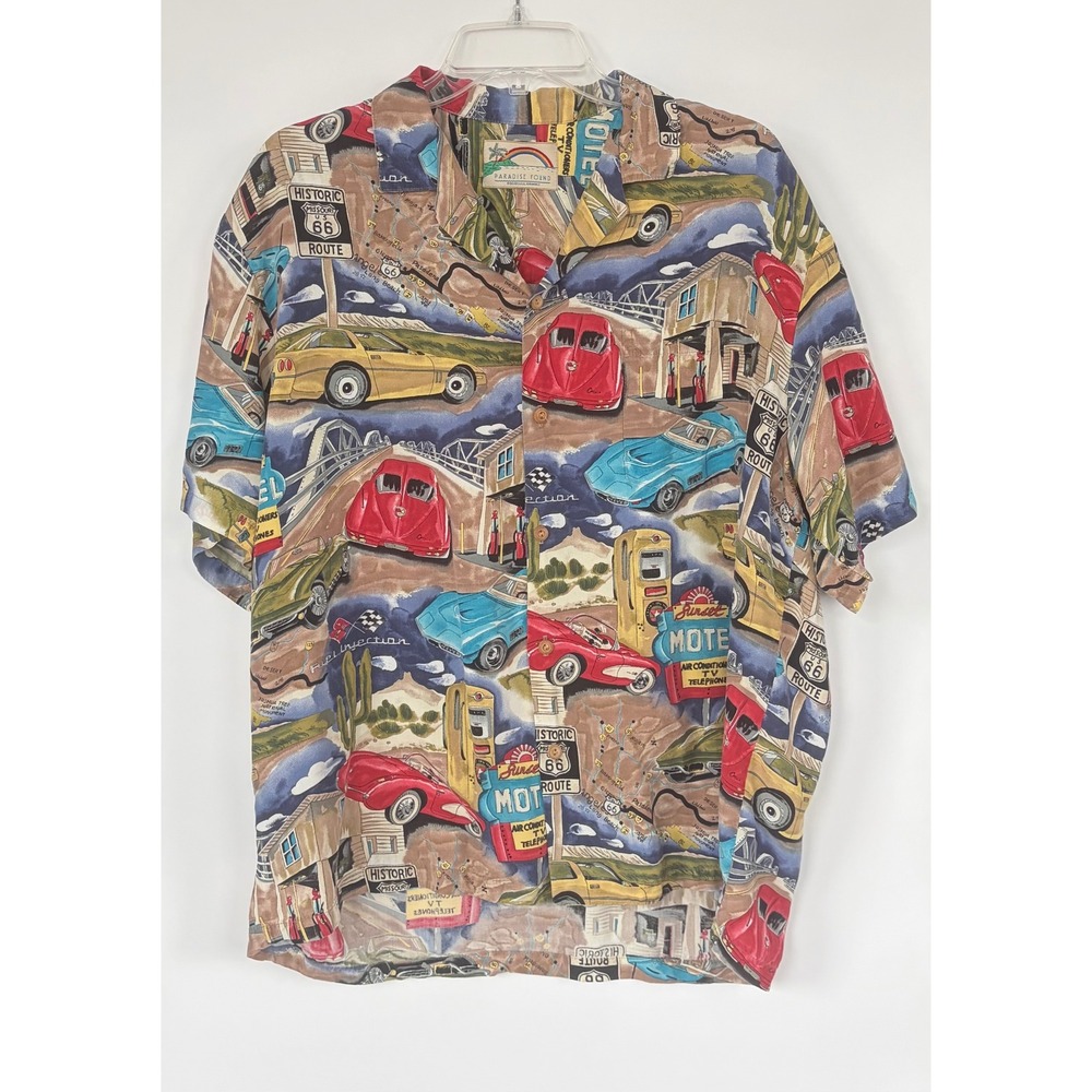 Vtg Paradise Found Men Route 66 Classic Car Hawaiian Camp Shirt Multicolor Large